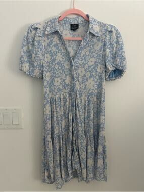 Oak & Trellis Women’s Small Blue White Floral Puff Sleeve Button Down Dress